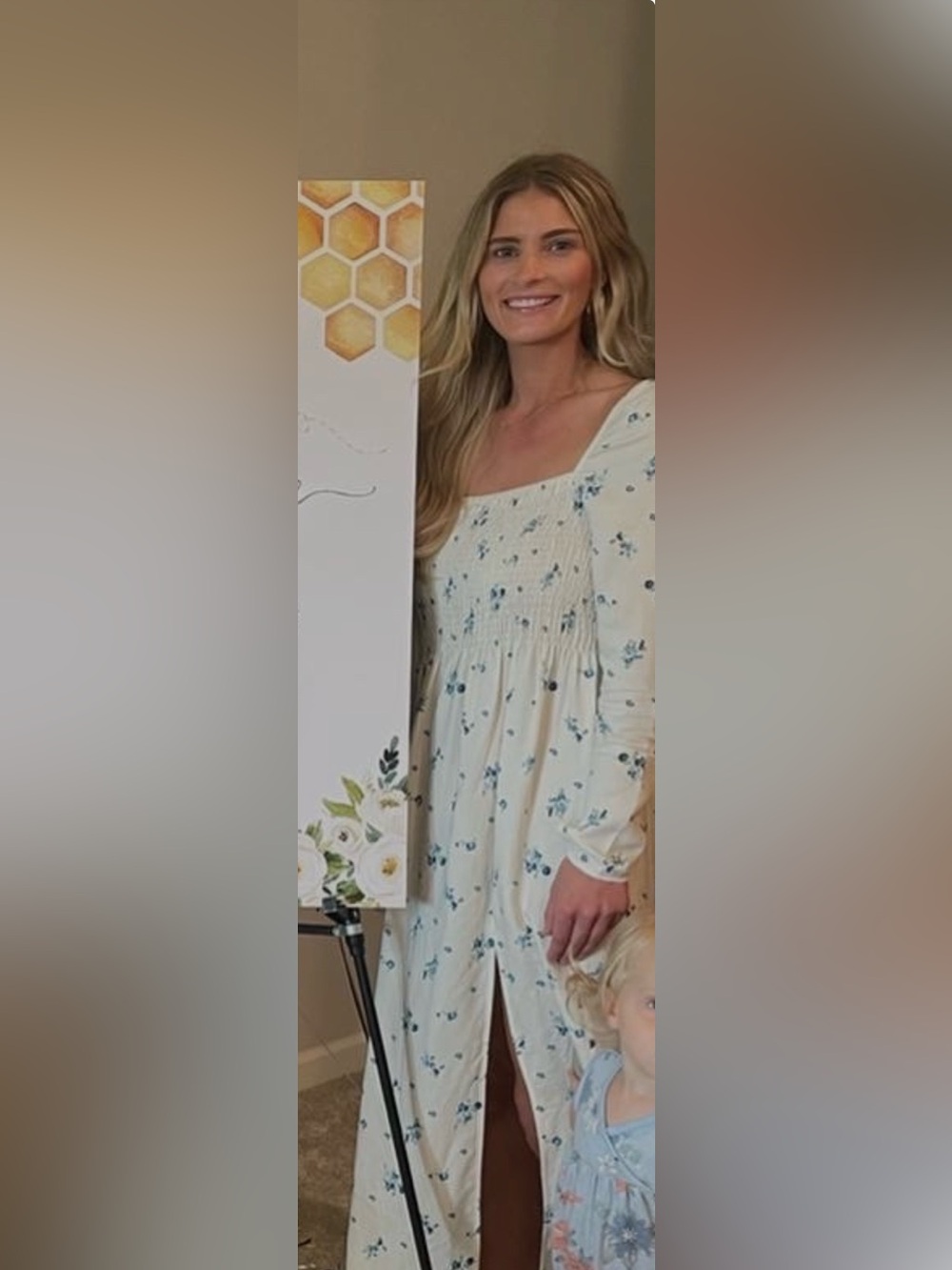H&M Cream Floral Smocked Maxi Dress with Blue Print